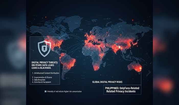 Global map of digital privacy risks, focusing on Philippines hotspots for OnlyFans-related incidents